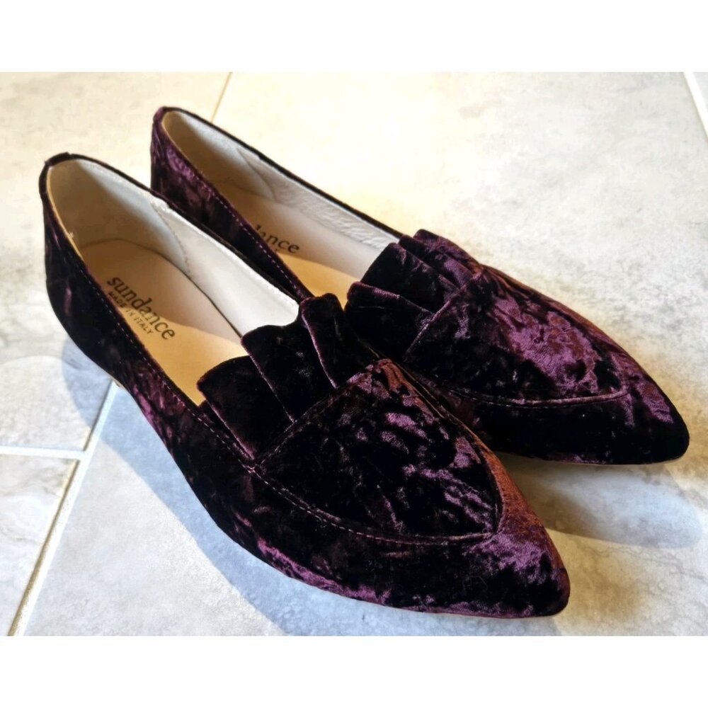 Sundance Burgundy Velvet Flats 39 US 8 Ruffle Pointed Toe NEW Womens Italy